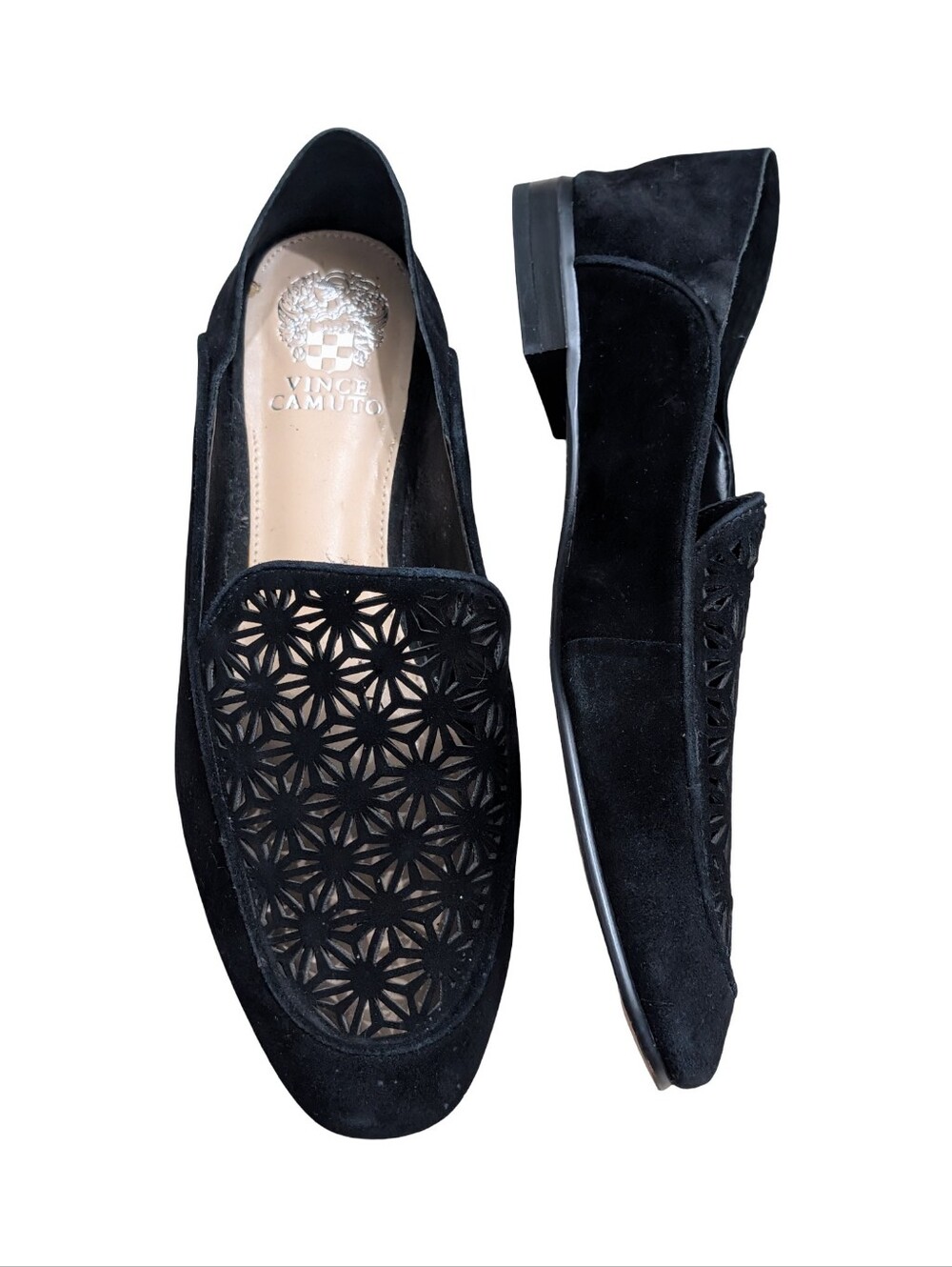 Vince Camuto Marisel Black Suede Laser Cut Loafer Flats Size 10